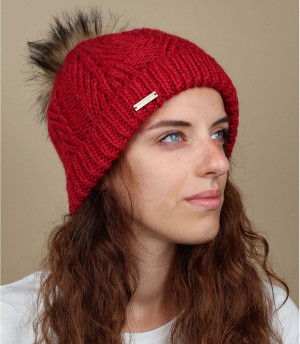 Bonnet rouge pompon fourrure Cynthia wine red